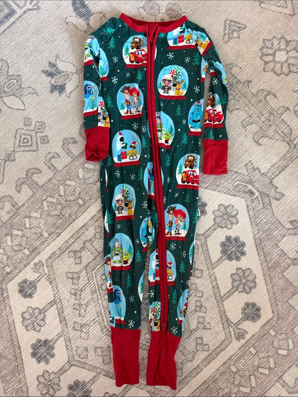 Little Sleepies Green Snow Globe Print One-Piece Footie Pajamas with Red Trim
